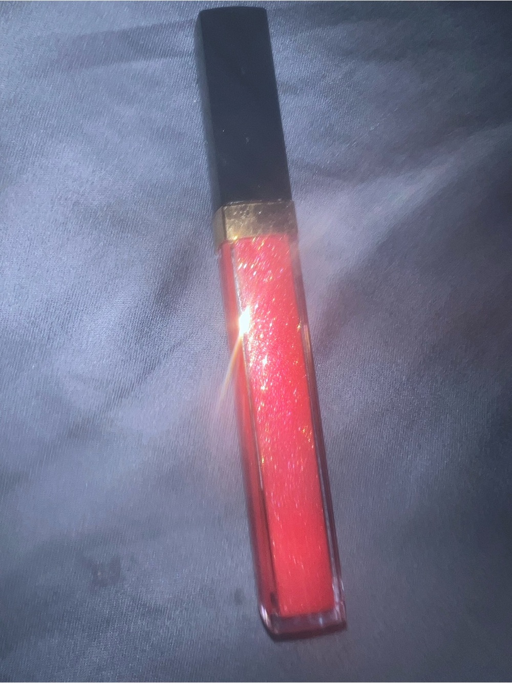 CHANEL Shimmering Red Lip Gloss with Gold Trim